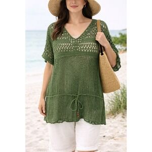 Eddie Bauer Crochet Top L Linen Blend Green Boho Coastal Resort Open Knit V-Neck